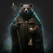 bear druid with a wooden staff controlling nature with magic with spells at night black cloak epic highly detailed hyper realistic fantasy 8k protagonist humanoid 