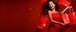 Excited stylish brunette woman on red background smiling jump happiness, presenting new shopping bags bought on black friday sale, copy space