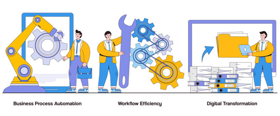 Poster - Business process automation, workflow efficiency, digital transformation concept with character. Process optimization abstract vector illustration set. Streamlined operations, effortless workflows