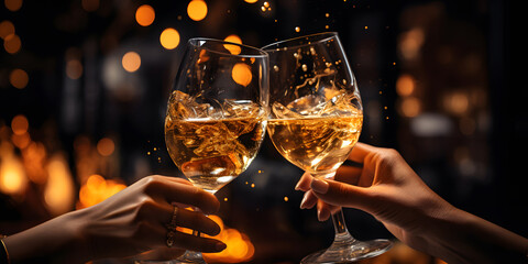 Wall Mural - Cheers! People celebrate and raise glasses of wine for toast..two people toasting glasses of champagne, perfect for New Year's Eve or any celebratory event.