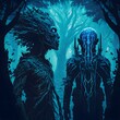 indian and alien full body mix of cyber and organic highquality super detailed shine high contrast fine dark roots ambient cyber gloomy forest 