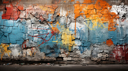 Wall Mural - Empty urban interior background with colorful abstract graffiti pattern on grungy front wall