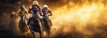 Horse racing, Illustration of Jockeys fighting to take the lead in the last curve, Jockeys on their horses during horse racing, with copy space