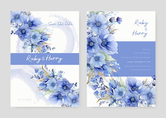 Wall Mural - Blue poppy beautiful wedding invitation card template set with flowers and floral