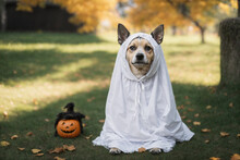 Black Small Dog Mutt In Ghost Costume For Halloween-Maly Pies Kundelek W Stroju Ducha Na Halloween