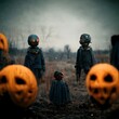 ultra realistic photograph of children in grotesque Halloween masks in rural America during Halloweenoctane render 