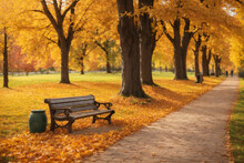 Old Wooden Bench In The Autumn Park Under Colorful Autumn Trees With Golden Leaves.