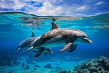 Dolphins Swimming Underwater Of Ocean On Sunny Day
