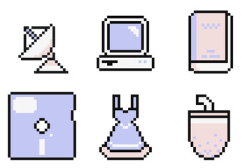 Poster - Mini Set of Pixel Art Pastel Icon, Purple and Peach Colored, Trends and Computer