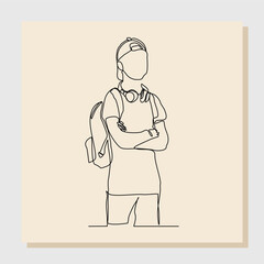 Wall Mural - Continuous line drawing art of college campus student man with bag backpack. Vector illustration single one line art