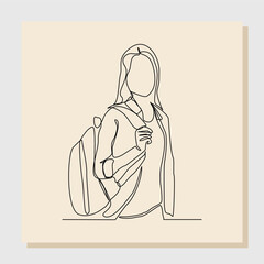 Wall Mural - Continuous line drawing art of college campus student woman with bag backpack. Vector illustration single one line art