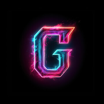 Letter G. Glowing cyan and magenta blurred streaks, glitch effect, sci-fi style, isolated on black background