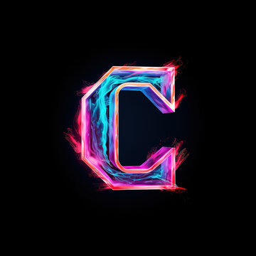 Letter C. Glowing cyan and magenta blurred streaks, glitch effect, sci-fi style, isolated on black background