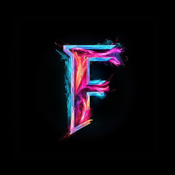 Letter F. Glowing cyan and magenta blurred streaks, glitch effect, sci-fi style, isolated on black background