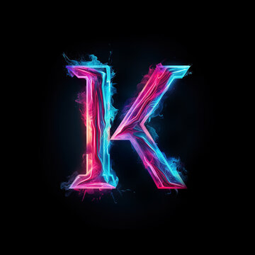 Letter K. Glowing cyan and magenta blurred streaks, glitch effect, sci-fi style, isolated on black background