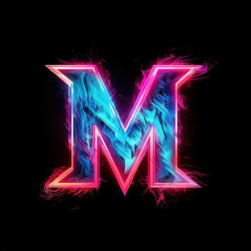 Letter M. Glowing cyan and magenta blurred streaks, glitch effect, sci-fi style, isolated on black background