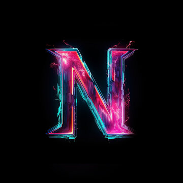 Letter N. Glowing cyan and magenta blurred streaks, glitch effect, sci-fi style, isolated on black background