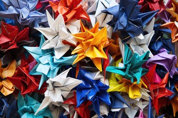 Poster - a crowd of origami paper cranes in various colors