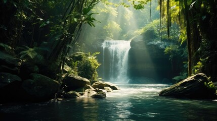 Poster - Crystal-clear waterfall in dense jungle. Water conservation and pristine environment concept.