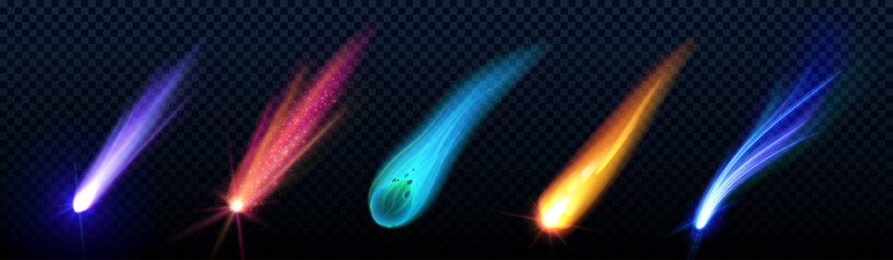 Wall Mural - comet or meteor trails set isolated on transparent background. vector realistic illustration of aste