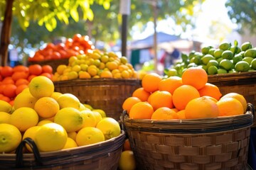 Wall Mural - citrus fruits on baskets in an open-air market