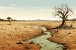 Illustration of arid landscape depicting water scarcity and global crisis of drinkable water deficiency. Generative AI