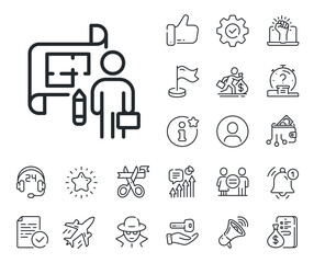 Poster - architect project sign. salaryman, gender equality and alert bell outline icons. plan line icon. arc