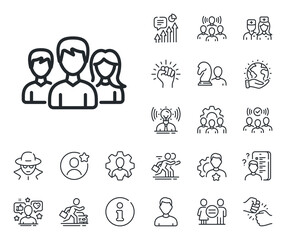 Poster - Users or Teamwork sign. Specialist, doctor and job competition outline icons. Group line icon. Male and Female Person silhouette symbol. Teamwork line sign. Vector