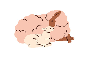 Poster - Cute sheep mom and lamb baby lying together. Farm animals family, adorable sweet mother and little cub child. Mommy and kid love and care. Flat vector illustration isolated on white background