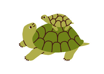 Cute turtle mom and baby. Funny animals family, amphibian mother carrying kid on shell. Happy smiling tortoise mommy and child together. Flat vector illustration isolated on white background