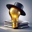 Goldene Glühbirne mit Hut vor einem Stapel Zeitungen