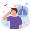 Vector illustration of bronchial asthma. Cartoon scene with a guy doing inhalation against bronchial asthma, an allergic attack isolated on a white background. World Asthma and Allergy Day.