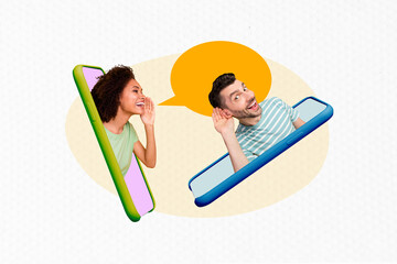 Poster - Illustration creative composite photo collage of funny people talking in smartphone app share rumors isolated on drawing background