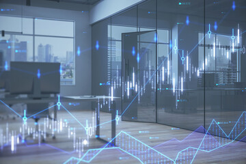 Poster - Contemporary office interior with workplace and glowing candlestick forex chart and index hologram on blurry background. Trade and stats concept. Double exposure.