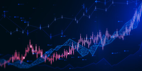 Aufkleber - Glowing candlestick forex chart and index hologram on blurry background. Trade and stats concept. 3D Rendering.