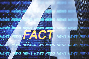 Aufkleber - Creative hi-tech news hologram on blurry city backdrop with bright 'fact' word. Television, factual news and digital communication concept. Double exposure.