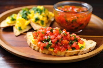 Wall Mural - scrambled egg on bruschetta lying next to a dollop of red salsa