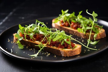 Canvas Print - sun-dried tomato bruschetta with microgreens on modern black plates