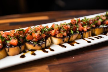 Canvas Print - line of evenly spaced bruschetta with truffle oil