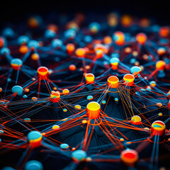 Poster - A vibrant and intricate network of orange and blue balls on a black surface creates a captivating visual. The contrast between the colors and the darkness of the