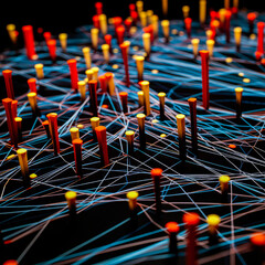 Poster - A vibrant display of technology pins in a striking combination of orange and yellow against a black backdrop.