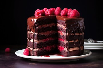 Wall Mural - triple layer chocolate cake with raspberries on top