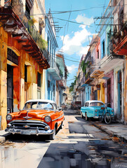 Naklejka na meble illustration de voitures de couleurs en ville à Cuba