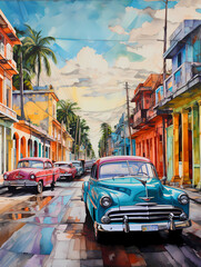 Naklejka na meble illustration de voitures de couleurs en ville à Cuba