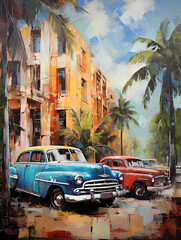 Naklejka na meble illustration de voitures de couleurs en ville à Cuba