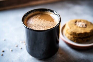 cold brew coffee in a ceramic mug with a cookie alongside