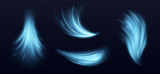 Poster - blue wind air flow light effect, cold fresh wave vector. clean magic neon breeze motion with glow. 3