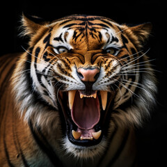 detailed close up portrait of roaring tiger animal on black background, generative ai