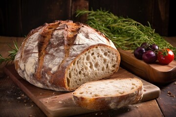 Sticker - fermented sourdough bread loaf resting on a rustic, wooden board