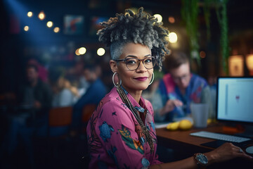 portrait of an elegant middle age black  woman with laptop posing on camera in a coworking space indoor  